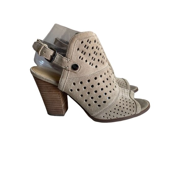 Marc Fisher Taupe Perforated Suede Peep-toe Casha Block Heel Bootie Size 8M - Picture 1 of 5